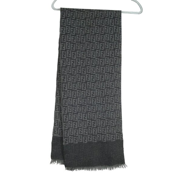 VTG Fendi Zucca Wool Scarf Gray & Black F Logo Pattern Made In Italy Damaged - Picture 1 of 3